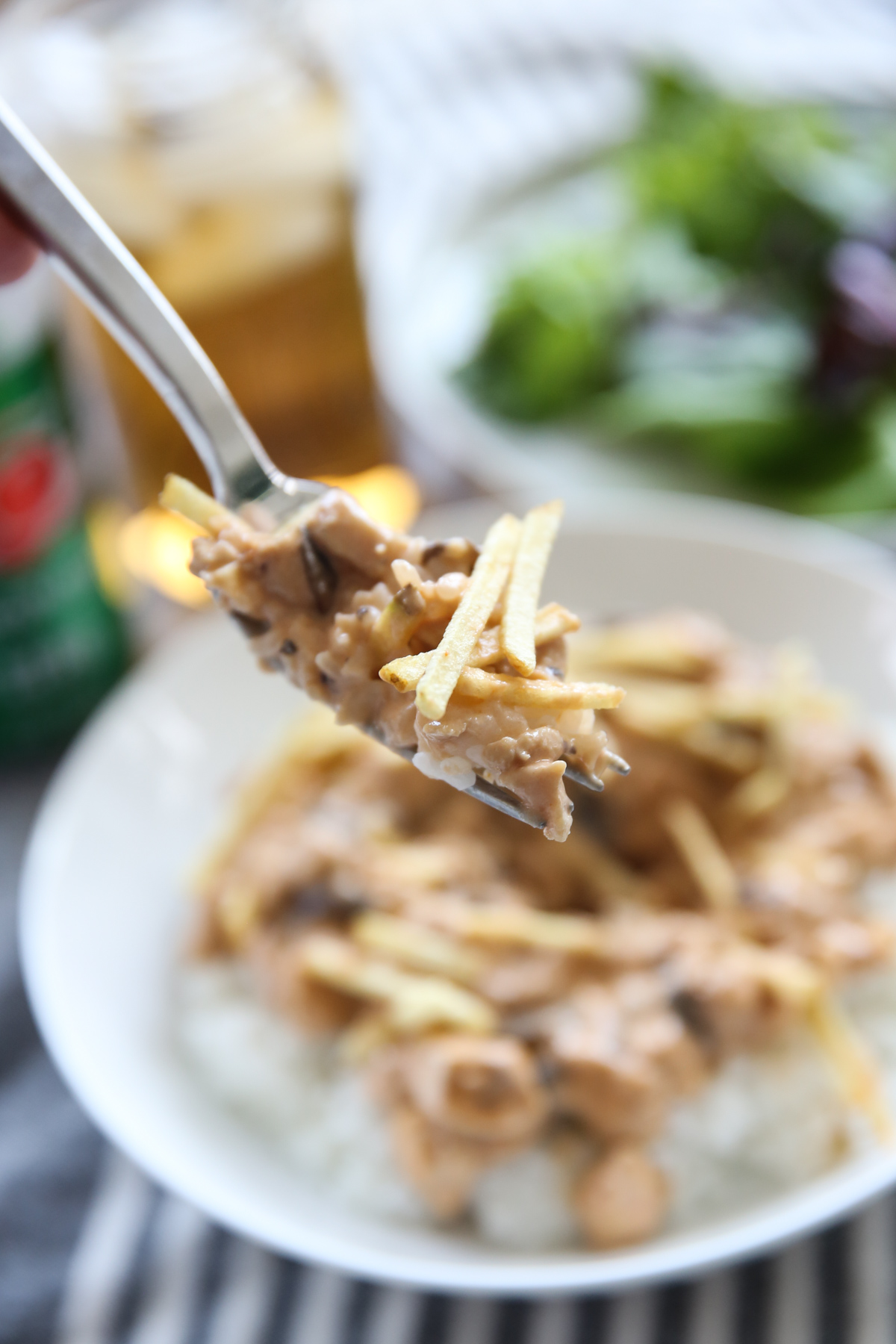 brazilian stroganoff over rice with potato stix
