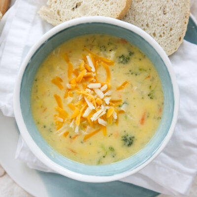 broccoli cheddar soup in a bowl