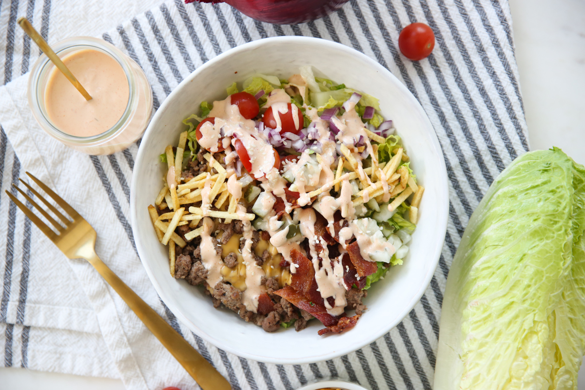 overhead shot of a cheeseburger salad bowl