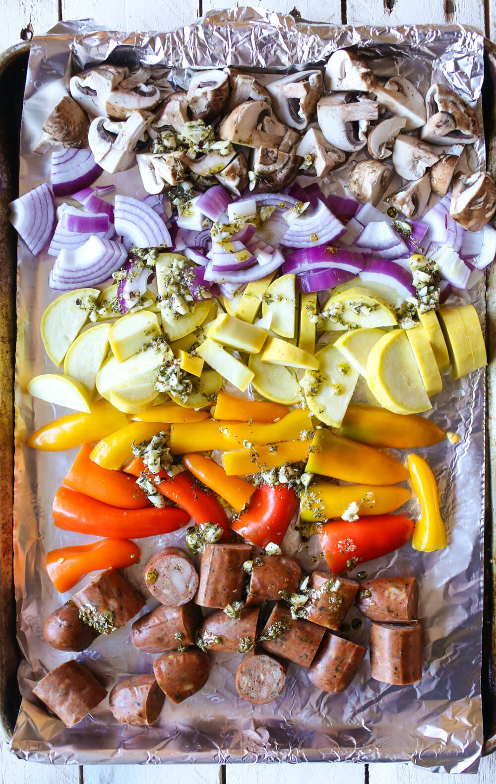 dressing on Italian sausage sheet pan dinner