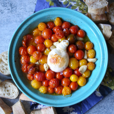 roasted burrata with tomatoes and garlic