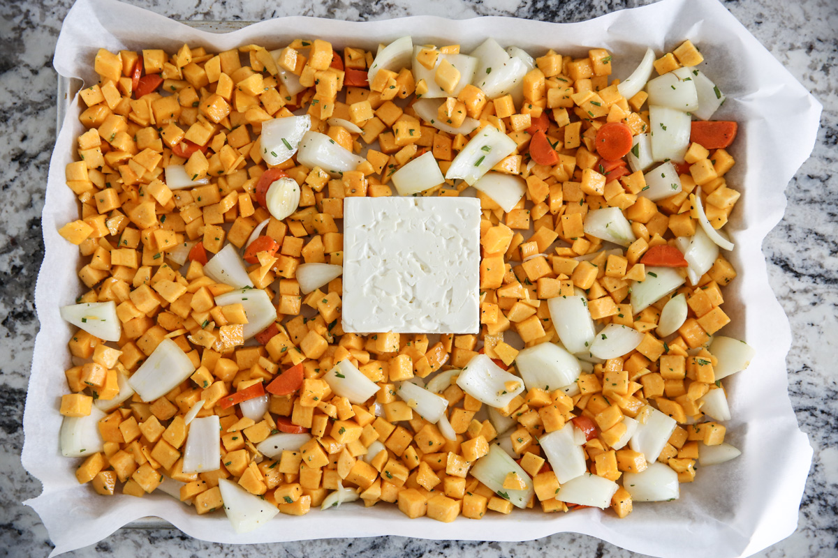 roasted vegetables on a sheet pan