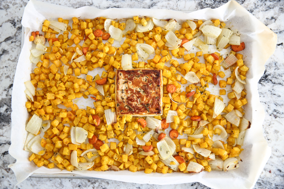 roasted vegetables on a sheet pan