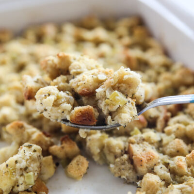 Large serving spoon holding stuffing