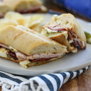 Hot italian sub sandwich on a plate