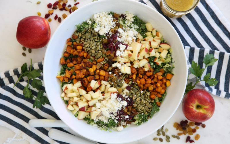 kale chop salad ingredients in a bowl