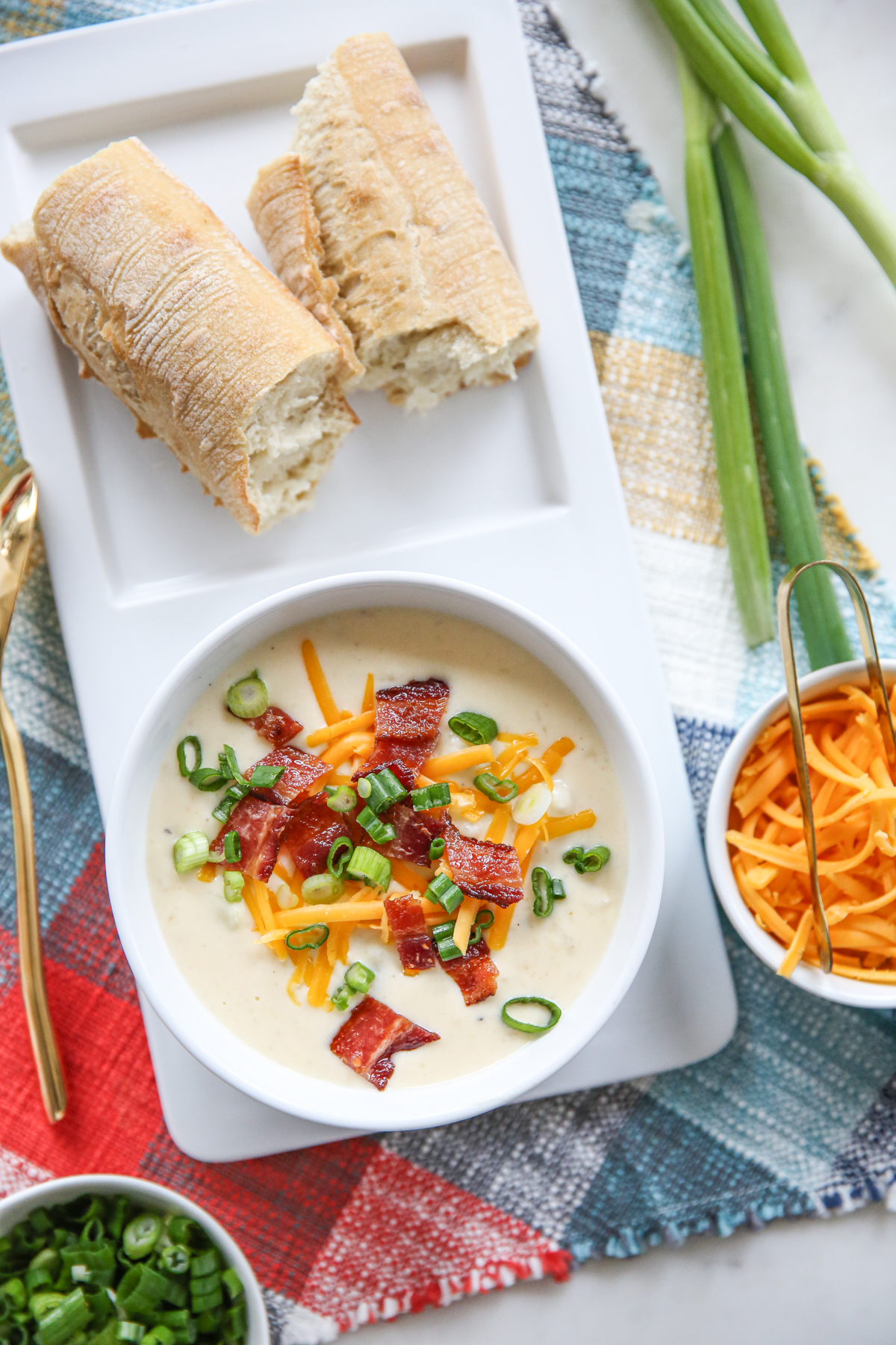 Baked Potato Soup in a while bowl