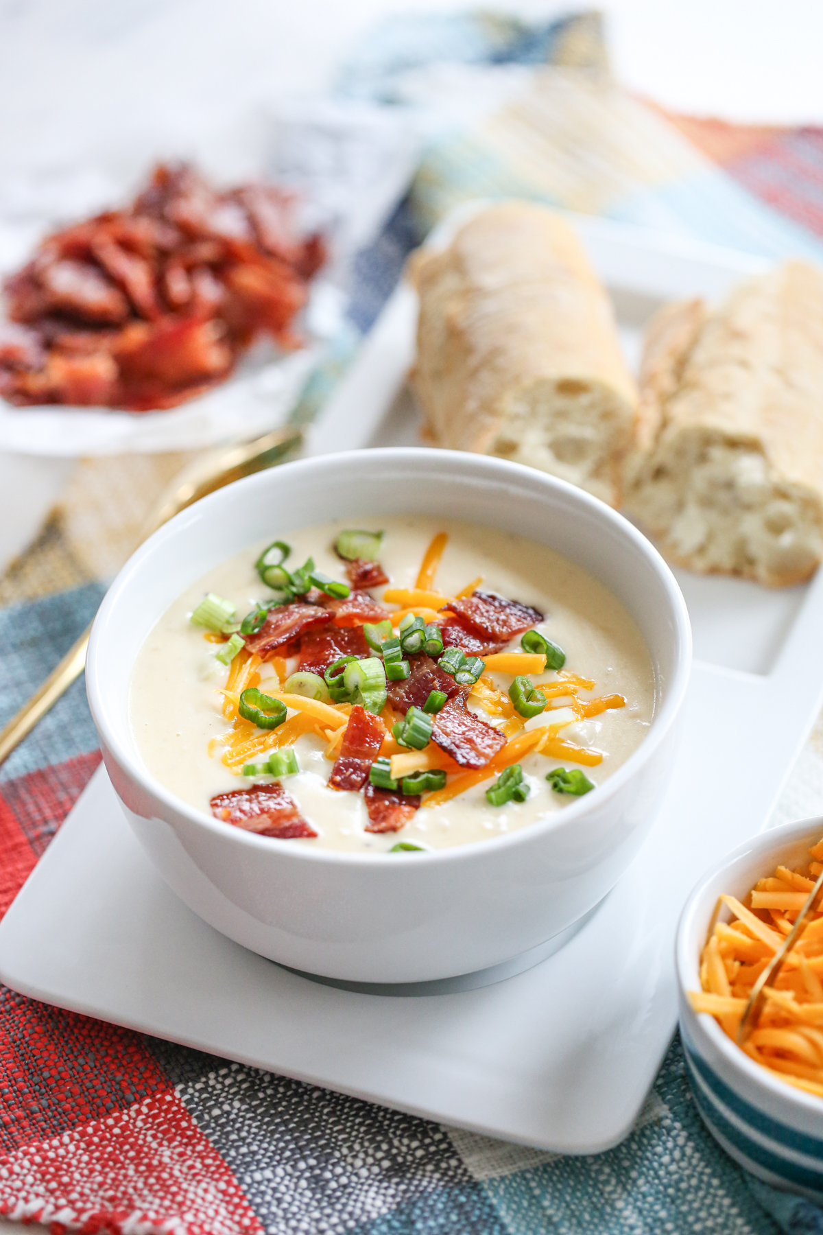Baked Potato Soup in a while bowl