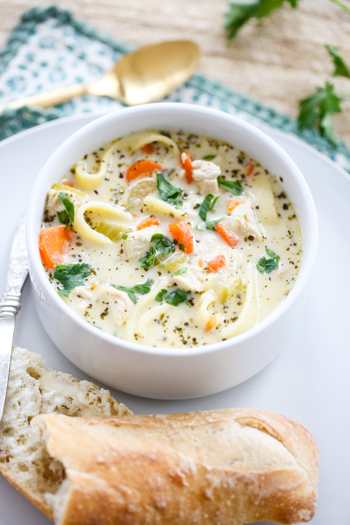 Creamy Chicken Noodle Soup in a bowl
