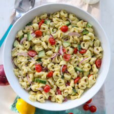 Tortellini Pasta Salad Recipe with Mustard Vinaigrette in a white serving bowl
