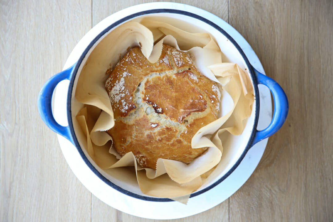 baked artisan bread in pot