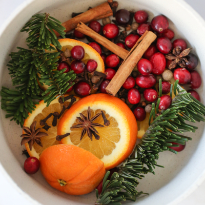 oranges, cranberries, cinnamon sticks, greenery in a simmering pot