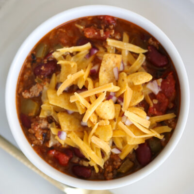 Easy Weeknight Chili in a white bowl
