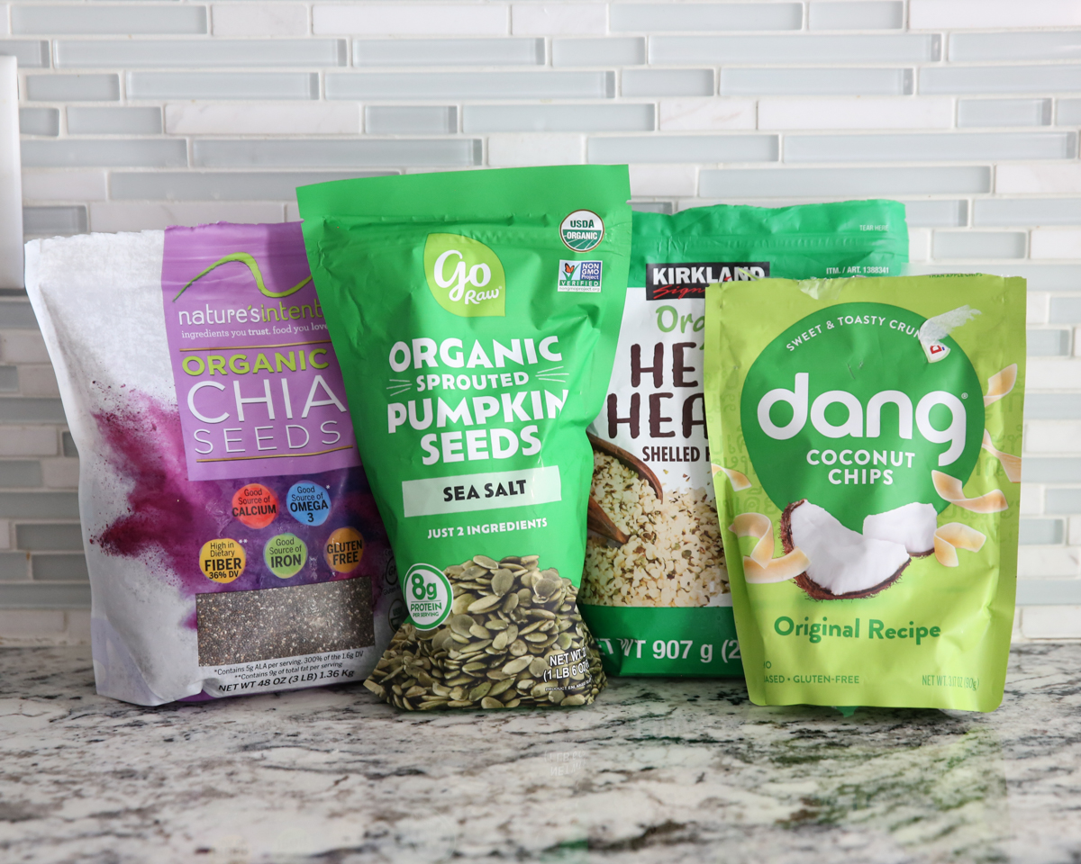 crunchy toppings in bags on the counter